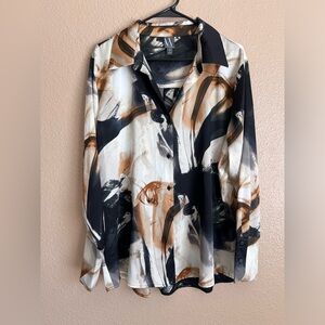 Worthington Marble Artsy Long Sleeve  Button Up Front Blouse XL EUC